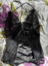 Frederick's of Hollywood Cami Size L Black Stretch Satiny, Lace Mesh