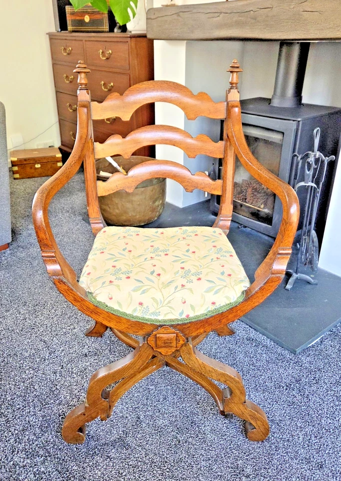 Silla trono rara antigua Gillows of Lancaster, respaldo escalera roble Foto 2 de 4