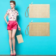 Women Straw Woven Clutch Bag Bohemian Zipper Wristlet Summer Beach Phone Handbag