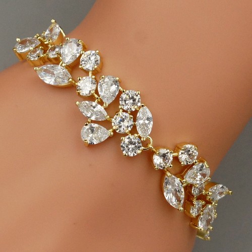 7" Gold Plated GP Clear Cubic Zirconia CZ Wedding Bridal Tennis Bracelet 07489 - Picture 2 of 5