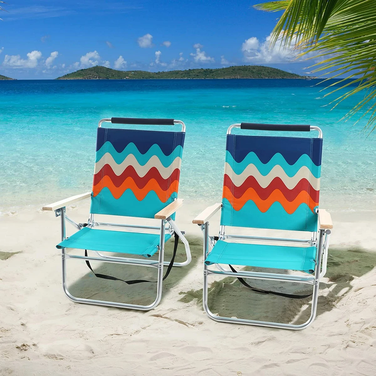 2 Piece Backpack Beach Chair Folding Portable Chair Blue Adjustable w/Cup  Holder