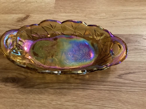 Carnival Glass Candy Dish Vintage Glass Bowl Marigold 9.5"L Oblong Shape Floral