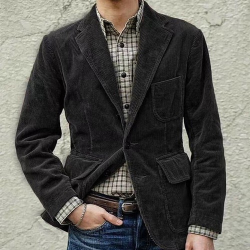 Autumn Winter Men's Coat Corduroy Casual Suits With Shoulder Pads Lapel Blazer - Picture 11 of 19