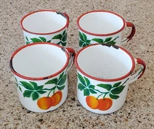 Set of 4 Vintage Huta Silesia Enamelware Handled Mugs Cups Peach Design POLAND