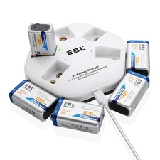 EBL 5pcs 9V Li-ion 600mAh Rechargeable Batteries  with 5 Bay 9-Volt Charger