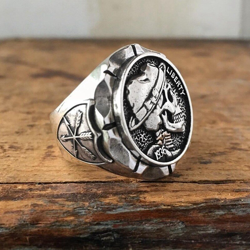 Indian Liberty Skull Ring Men's Vintage Stainless Coin Signet Rings Punk  Biker