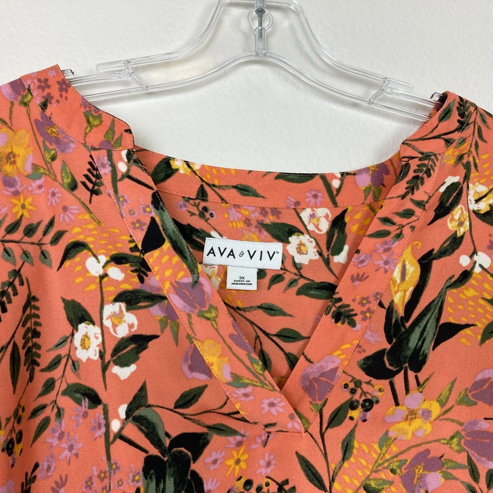 Top túnica para mujer Ava & Viv cuello en V talla 3X naranja salmón púrpura artístico floral Foto 2 de 4