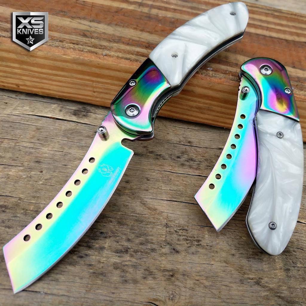 8" Rainbow Cleaver PEARL Handle Tanto Spring Assisted Open Folding Pocket Knife