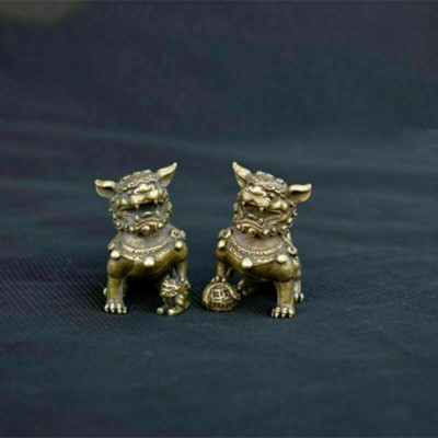 2pcs Chinese Ancient Bronze Brass Fengshui Foo Fu Dog Lion Beast Bixie Statue