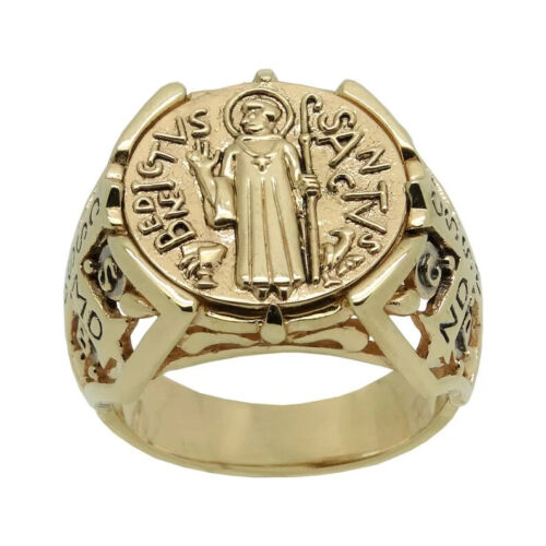 Massiver Gold 14k oder 10K Heiliger Benedikt Münze Herren Ring Exorzismus Dämonenschutz - Bild 4 von 13