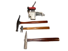 Set of three vintage jewlers/metal working hammers and vice
