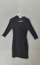 Lark & Ro Women Dress 6 Black V Neck Ruched Wrap 3/4 Sleeve Bodycon Cocktail