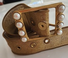Vintage Gold Tone Metal Mesh Belt with Faux Pearl fits 29-33" waist