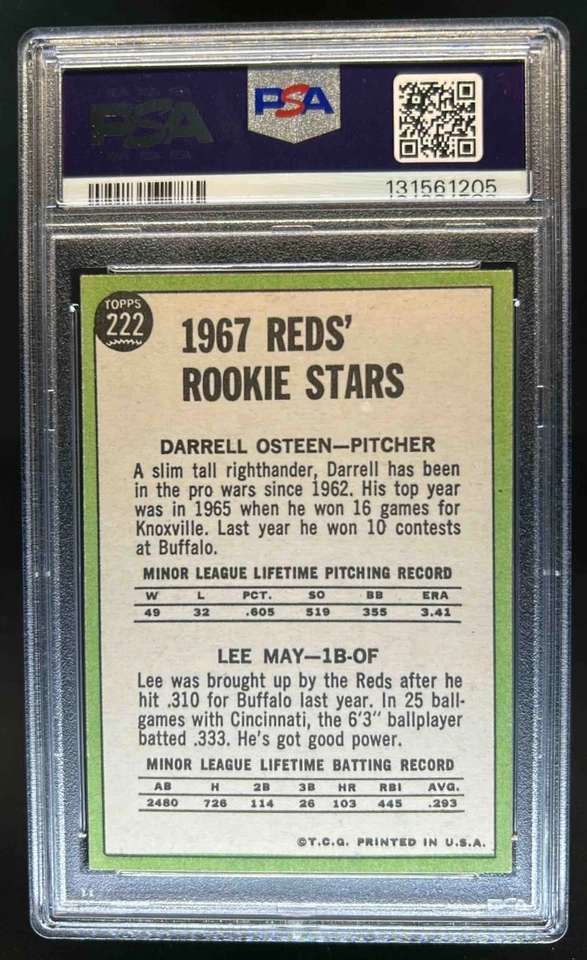 1967 Topps Reds Rookie Stars (Darrell Osteen Lee May) Rookie RC #222 PSA 5 - Image 2 of 2