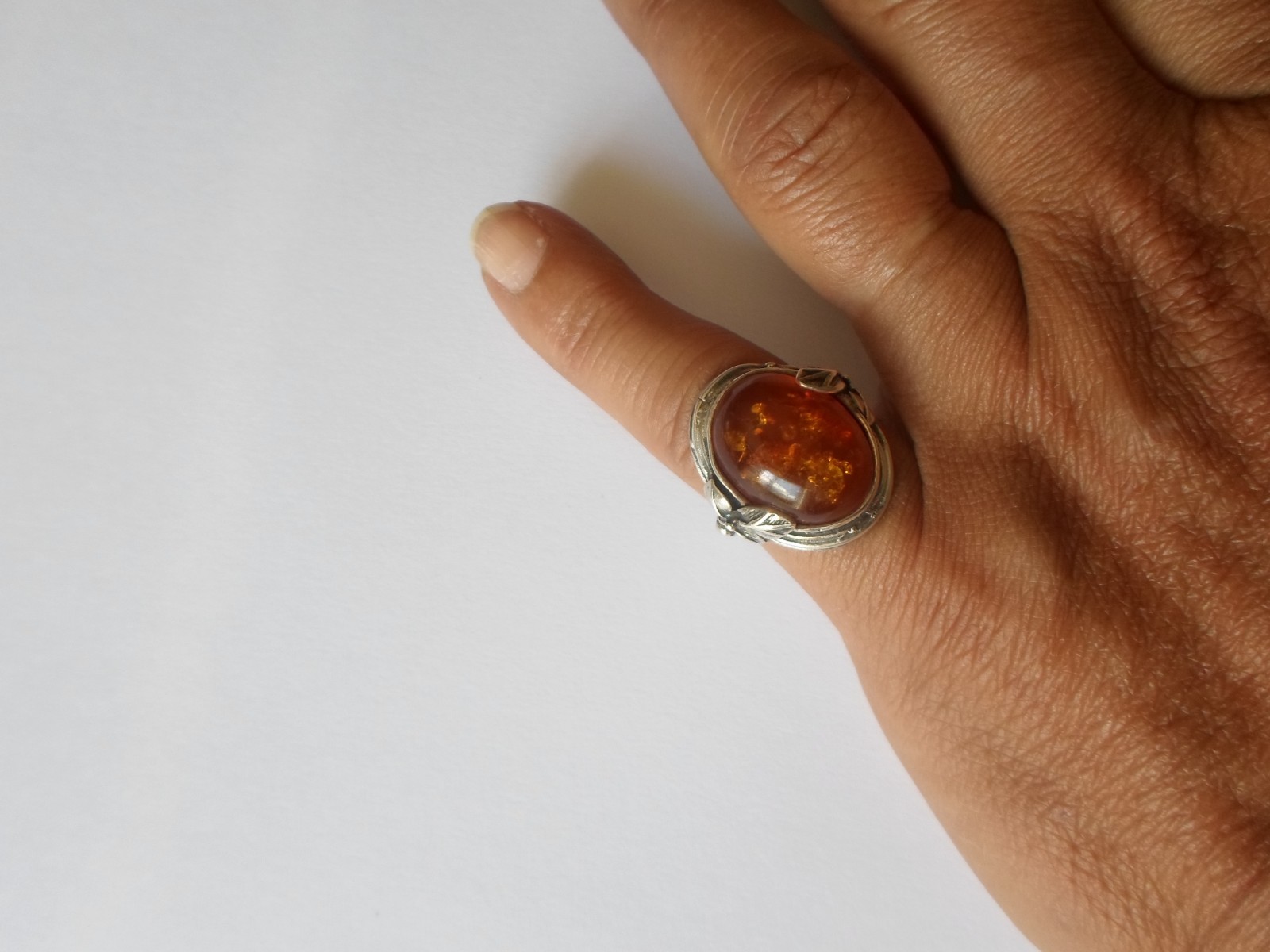 solid silver ring, amber cabochon, leaf outline, … - image 2