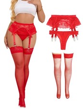 Red Garter Belt and Thigh Highs Set Plus Size Women Lace Garter Belts with 4 ...