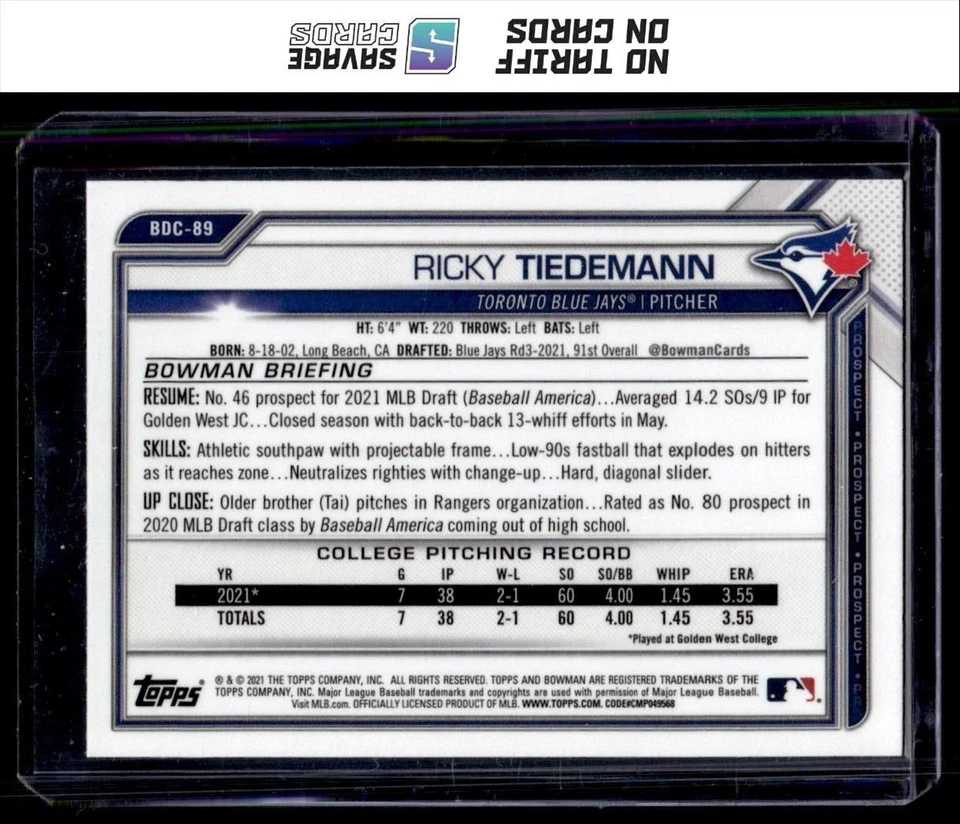 2021 Bowman Draft Chrome Refractor Ricky Tiedemann #BDC-89 Toronto Blue Jays - Image 2 of 3