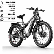 Dual Motor 2000W Off-Road Fat Tire E-Bike 48V 28MPH 26" Electric Mountain Bike