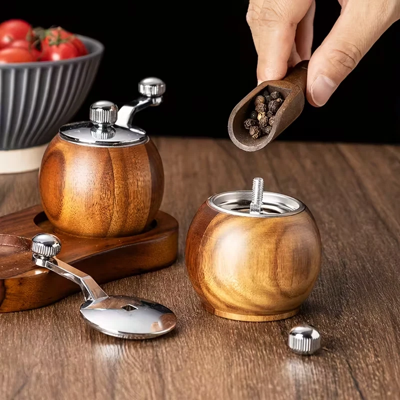1pc Wooden Manual Pepper Grinder - Hand-Crank Sea Salt & Black Pepper Mill