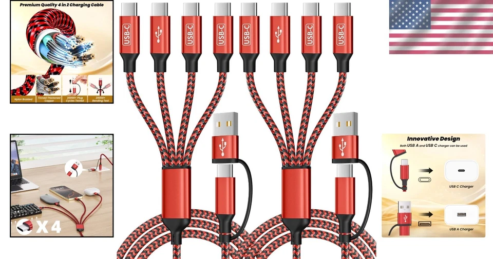 Paquete de 2 cables de carga múltiple USB C de 5 pies: carga rápida varios dispositivos sobre la marcha Foto 2 de 4