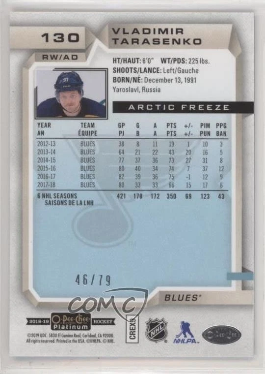 2018-19 O-Pee-Chee Platinum Arctic Freeze /79 Vladimir Tarasenko #130 - Image 2 of 2