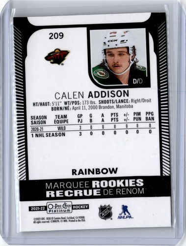 2021-22 O-Pee-Chee OPC Platinum Base Rainbow Marquee Rookies #209 Calen Addison - Picture 2 of 2