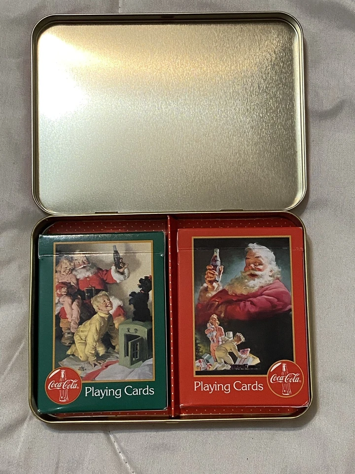 Vintage Coke Coca Cola Nostalgia Santa Christmas 2 Decks Playing Cards Tin 1996 - Image 3 of 4