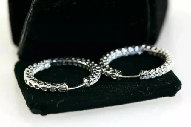 2Ct Round Lab Created Diamond Inside Outside Hoop Earrings 14K White Gold Plated - Image 3 of 4