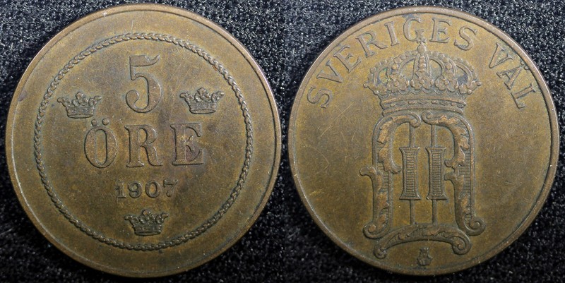 Sweden Oscar II Bronze 1907 EB 5 Öre  aUNC KM# 770 (23 171)