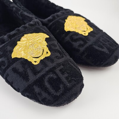 Black Versace Slip-On Slippers Medusa Velvet Slippers Black,Gold | VERSACE US main image 4