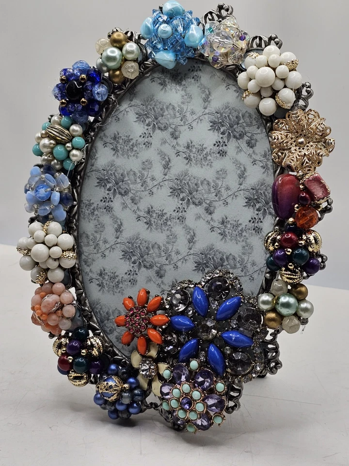 Vintage Jeweled Assemblage Picture Frame Blue White Rhinestone Bead Floral OOAK - Image 2 of 4