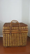 Red & white Checked Lining WICKER PICNIC BASKET~13" x 11" x 11"