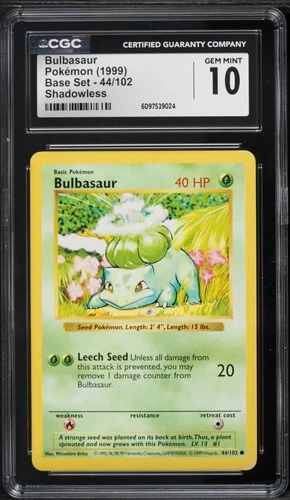 1999 POKEMON BASE SET SHADOWLESS #44/102 BULBASAUR CGC 10 GEM MINT