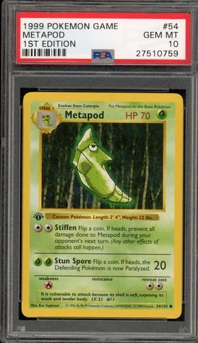 Pokemon Metapod Base Set Shadowless 1st Edition #54 PSA 10 Gem Mint