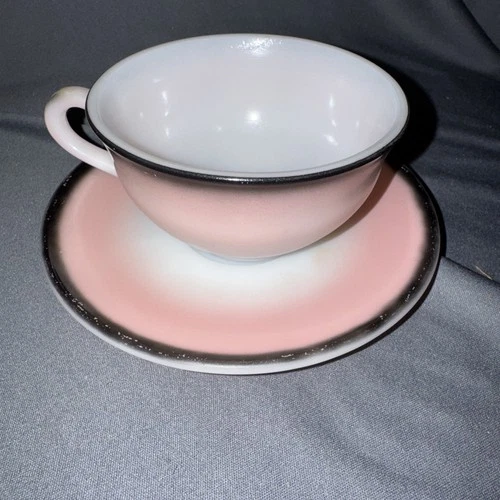VINTAGE MCM 1950s Hazel Atlas Ovide Milk Glass Pink/Black/White Cup & Saucer