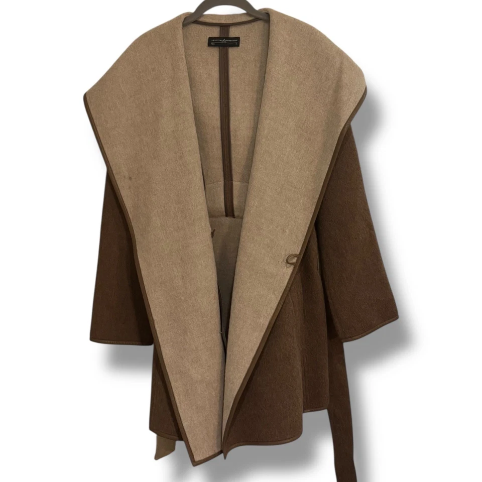 Peruvian Connection Medium Hooded Alpaca Wool Leather Wrap Belted Coat Luxury - Image 3 of 4