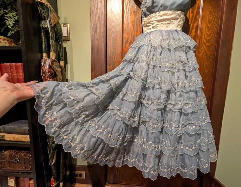 Vestido de festa vintage anos 50 feito à mão sem alças renda aço azul cupcake tule formatura 0 2 Cl - Imagem 4 de 4