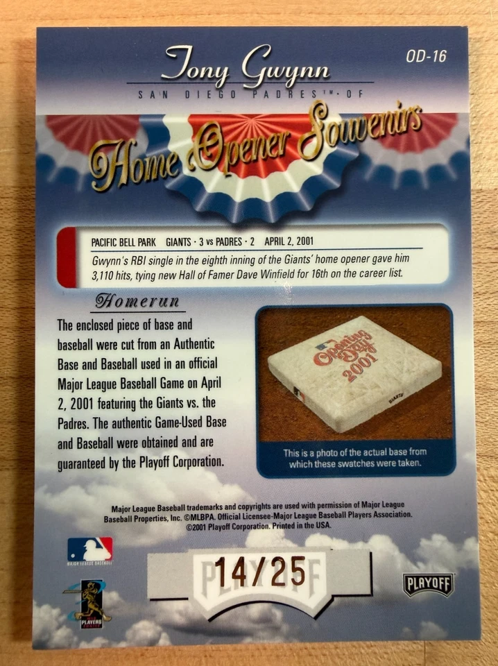 2001 PLAYOFF ABSOLUTE MEMORABILIA TONY GWYNN HOME OPENER SOUVENIRS 14/25 - Image 2 of 4