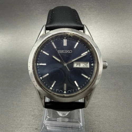 Seiko Watch Men 37mm Blue Dial Silver Tone Daydate Round 7N43-9080 New Battery