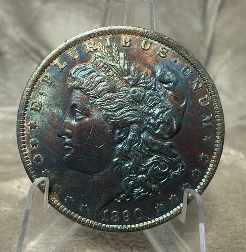 1890 O MORGAN DOLLAR GEM BU VAM 10 ‘COMET’ EDS HOT 50 OBV RAINBOW TONED #2616