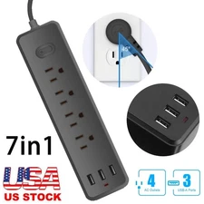 7-IN-1 Power Strip Sockets 4-Outlets plug 3-USB Ports Protection Overload