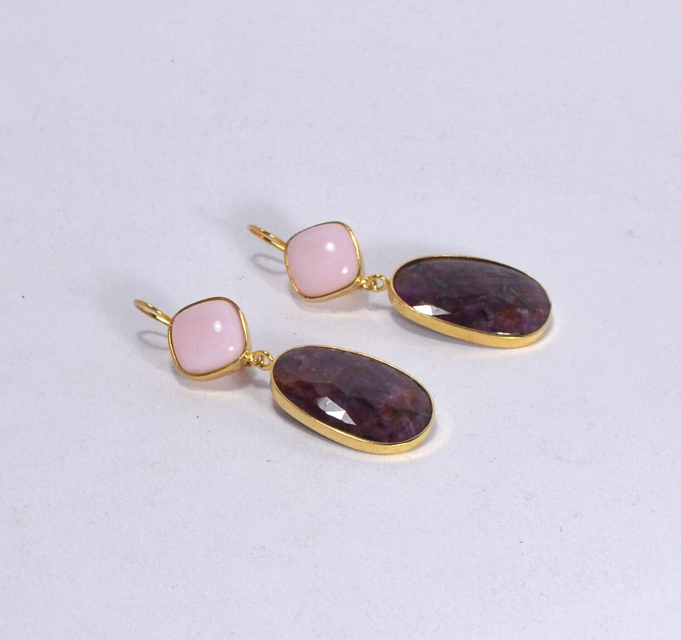 ORECCHINI  ARGENTO 925 DORATI CARRE OPALE ROSA  E RADICE  RUBINO       AGHT 0574 - Immagine 2 di 3