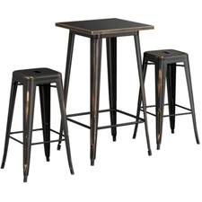 24" Square Distressed Copper Metal Restaurant Bar Table Set with 2 Barstools