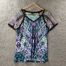 ROCKMANS Womens Top Size M Black Blue White Stretch knit Short Sleeve T-Shirt