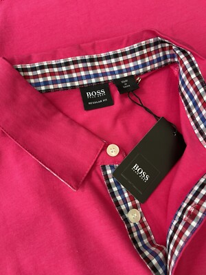 NWT Hugo Boss Check Collar Polo Shirt Regular Fit M size Pink Cotton Shirt
