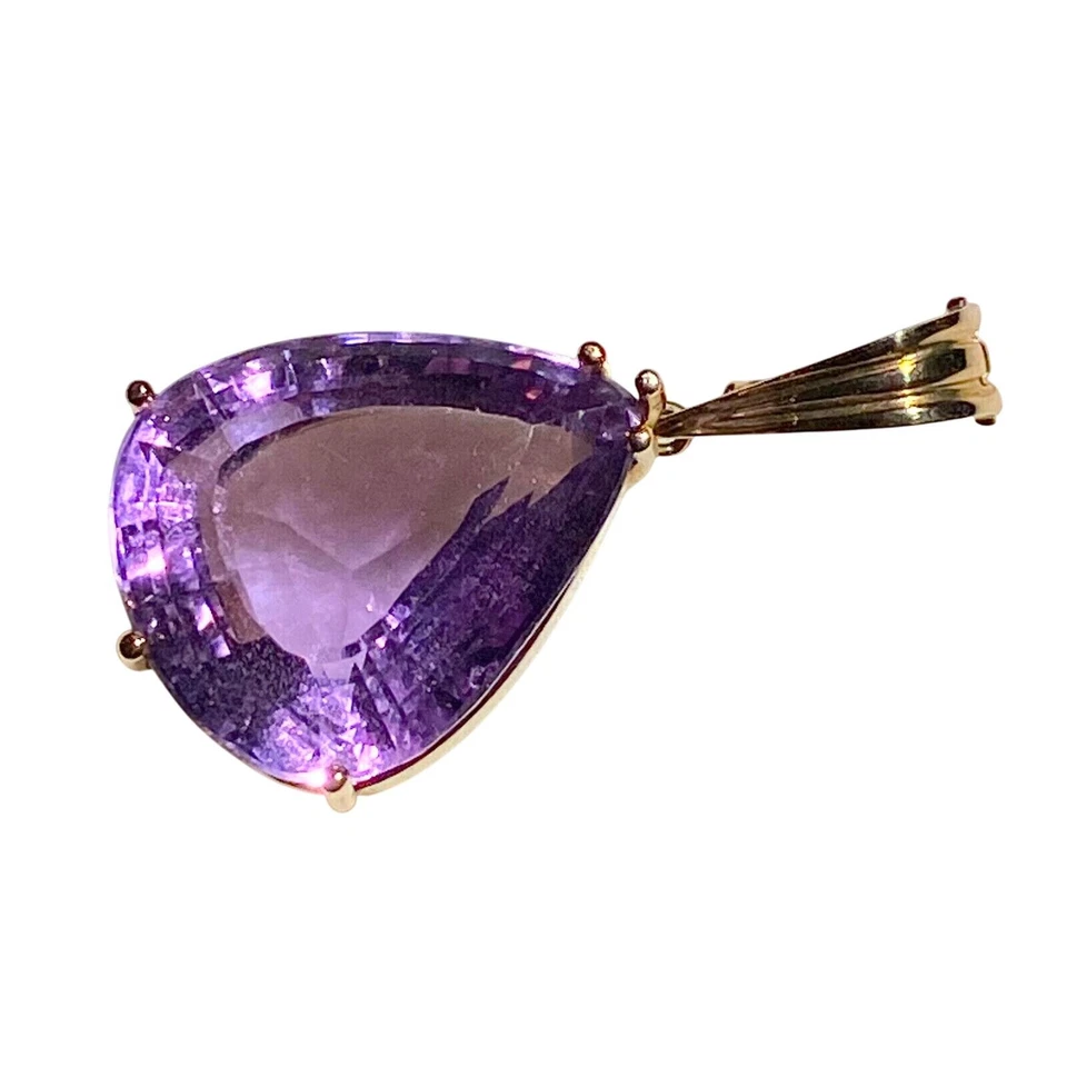 LG SOLID 14K YELLOW GOLD HUGE DEEP PURPLE AMETHYST TEARDROP NECKLACE PENDANT - Image 3 of 4