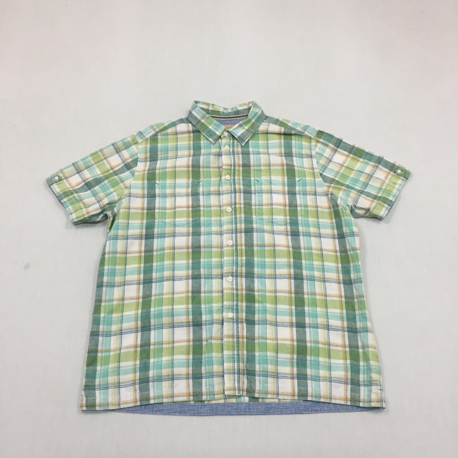 M&S Linen Mix Shirt Mens Extra Large Button Up Short Sleeve Plaid Green (XL)
