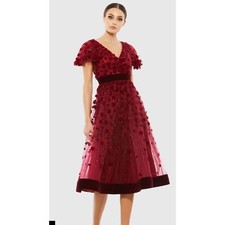 Dark Red Embellished Butterfly Sleeve Velvet Hem Midi Dress, NWT, 12