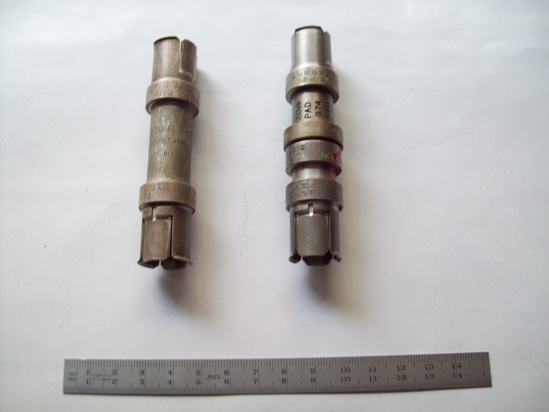 Two coaxial General Radio attenuators, 50 Ohm, 2x (6 dB) and 10x (20 dB), used