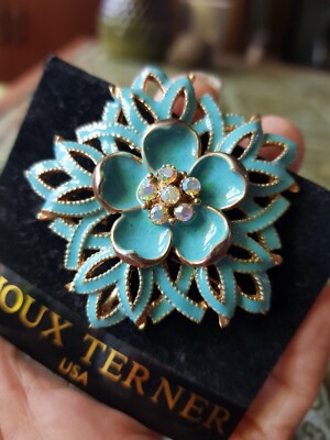Atemberaubende Vintage Designer Brosche goldfarben & Emaille, Bijoux Terner, USA, ungetragen